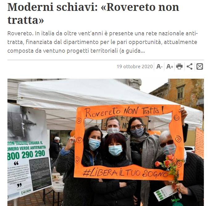 18 ottobre 2020 - Il Giornale Trentino parla di noi e della giornata contro la tratta di esseri umani